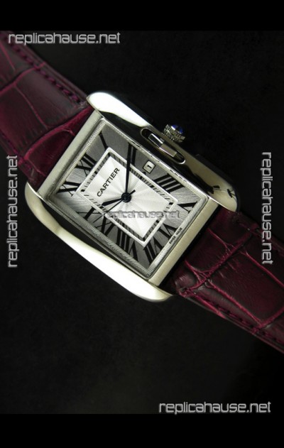 Cartier Tank Ladies Replica Watch in Steel Case/Maroon Strap