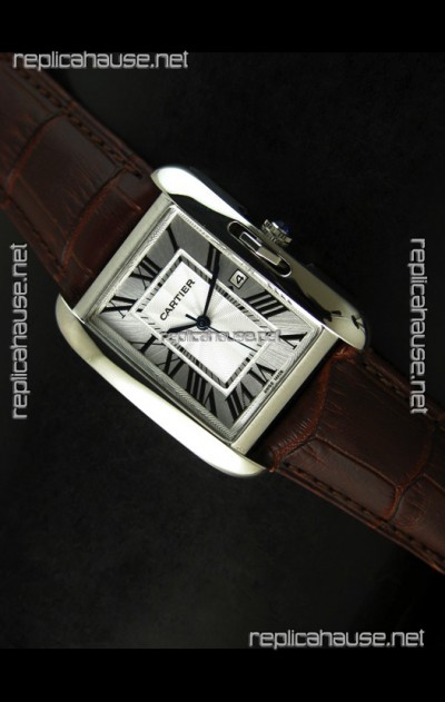 Cartier Tank Ladies Replica Watch in Steel Case/Brown Strap