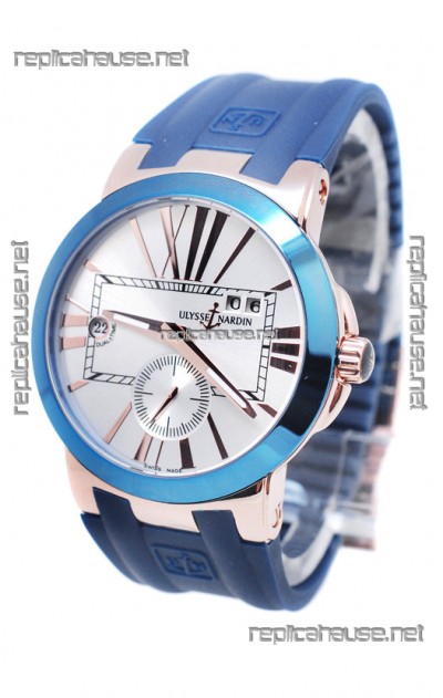 Ulysse Nardin Executive Dual Time Japanese Replica Watch in Smooth Blue Bezel