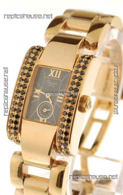 Chopard La Strada Swiss Ladies Replica Pink Gold Watch in Black Dial 