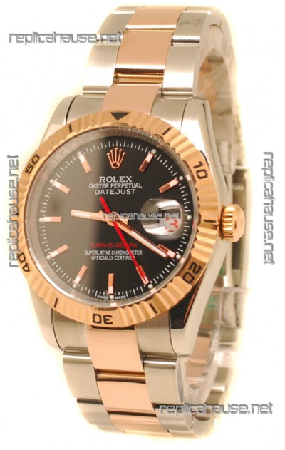 Rolex Datejust Turn O Graph Japanese Rose Gold Watch in Black Dial