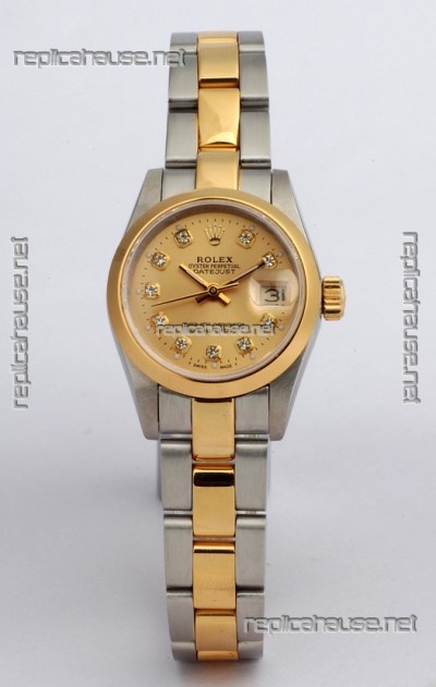 Rolex DateJust - Two Tone Ladies Swiss Replica Watch in Gold Dial