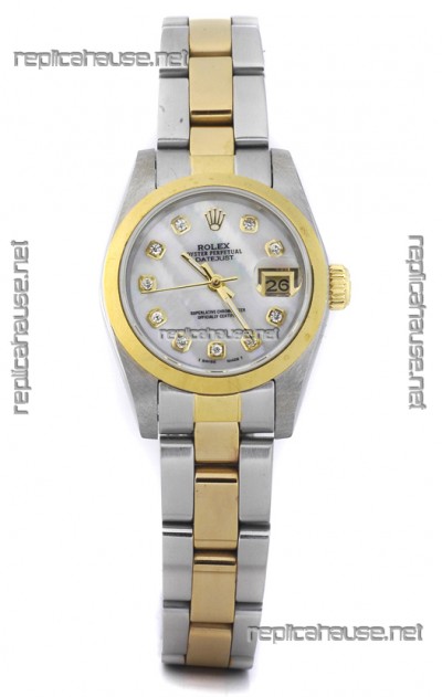 Rolex DateJust - Two Tone Ladies Swiss Replica Watch in White Mother of Pearl Dial