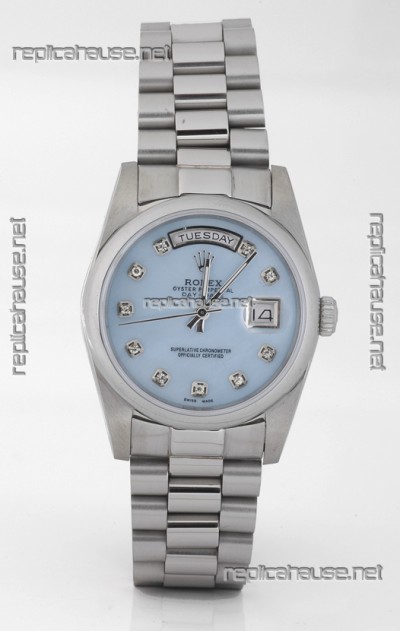 Rolex Day Date Silver Swiss Replica Watch in Mother Of Pearl Blue Dial
