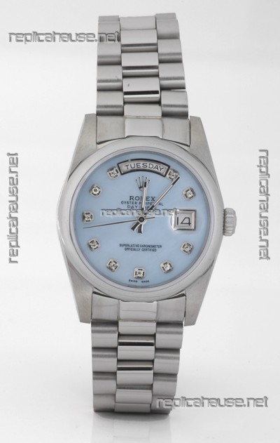 Rolex Day Date Silver Japanese Replica Watch in Mother Of Pearl Blue Dial