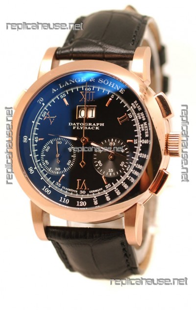 A.Lange & Sohne Datograph Flyback Swiss Replica Rose Gold Watch in Black Dial