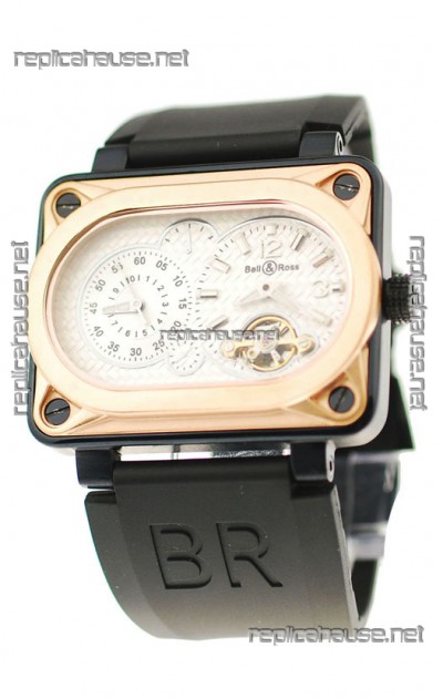 Bell and Ross BR Minuteur Tourbillon Japanese Replica Gold Watch in White Dial