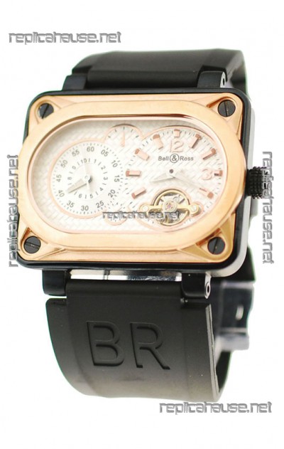 Bell and Ross BR Minuteur Tourbillon Japanese Replica Gold Watch in White Dial