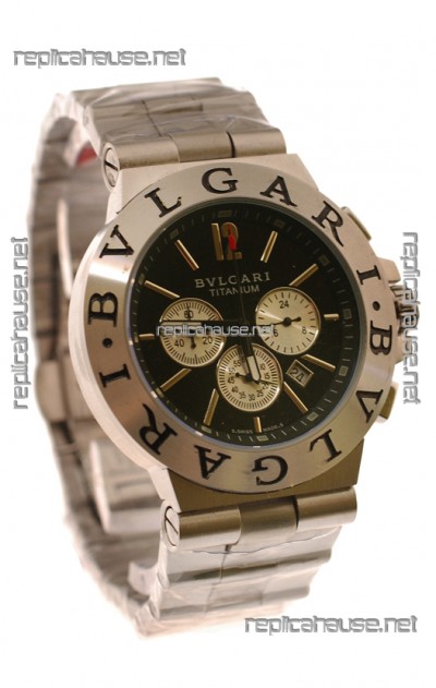 Bvlgari Diagono Mens Scuba japanese Replica Watch in Black Dial