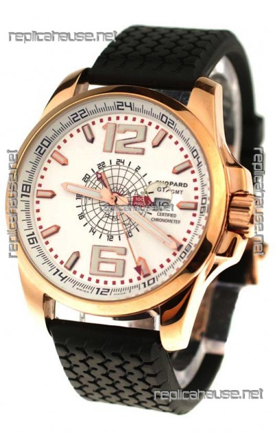 Chopard 1000 Miglia GT XL GMT Japanese Replica Gold Watch in White Dial