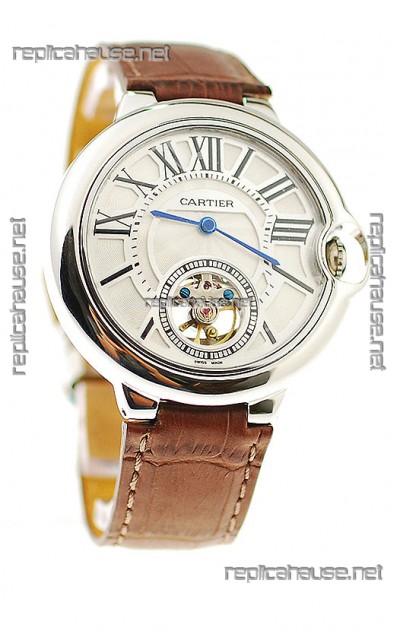 Ballon Bleu De Cartier flying Tourbillon Japanese Replica Steel Watch in Brown Strap