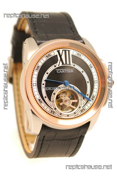 Calibre de Cartier Flying Tourbillon Japanese Replica Rose Gold Watch in Black Dial