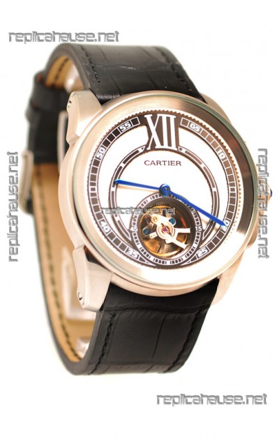 Calibre de Cartier Flying Tourbillon Japanese Replica Steel Watch 