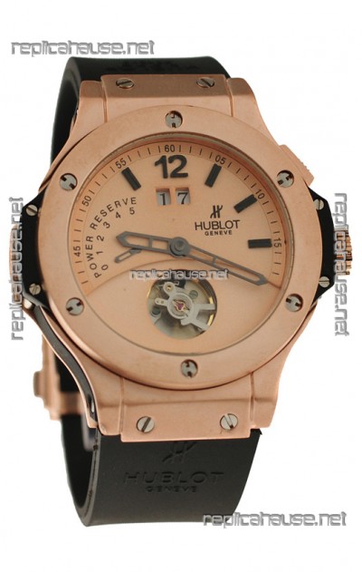 Hublot Big Bang Big Date Power Reserve Japanese Replica Tourbillon Watch in Pink Gold