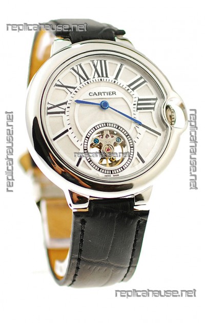 Ballon Bleu De Cartier flying Tourbillon Japanese Replica Steel Watch in White Dial