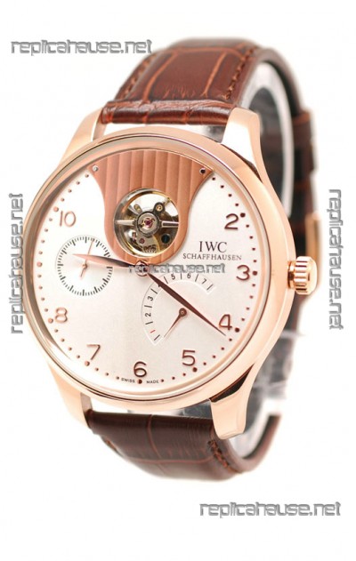 IWC Portuguese Tourbillon Mystere Japanese Replica Rose Gold Watch in White Dial