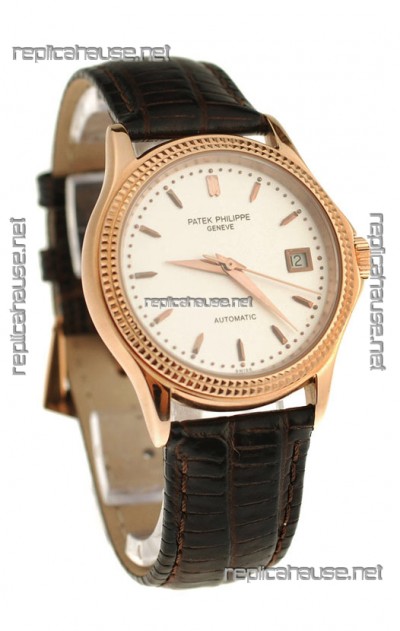 Patek Philippe Geneve Replica Pink Gold Watch in White Dial 