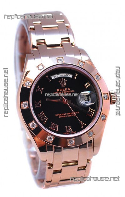 Rolex Day Date Rose Gold Japanese Replica Watch in Diamond Bezel