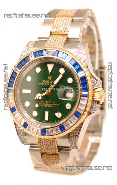 Rolex GMT Masters II 2011 Edition Swiss Replica Two Tone Watch with Diamonds Casing and Bezel