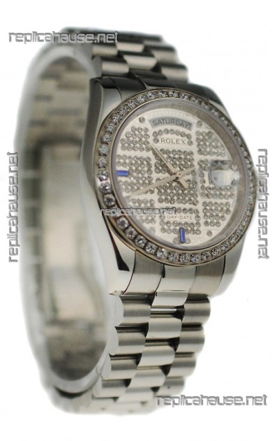 Rolex Day Date Silver Swiss Mens Watch in Diamond Dial