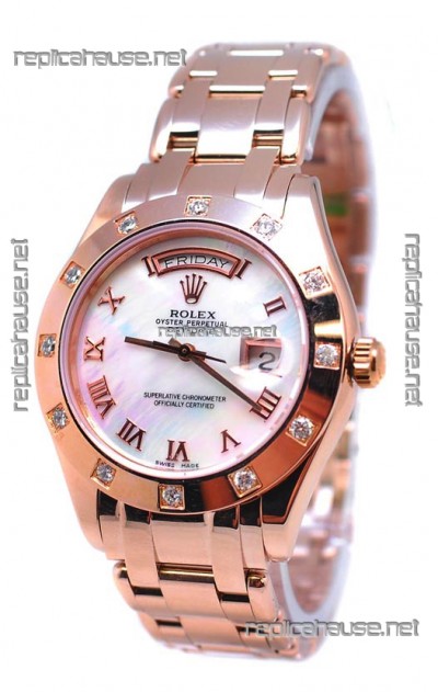 Rolex Day Date White Mother of Pearl Swiss Replica Watch in Roman Markers