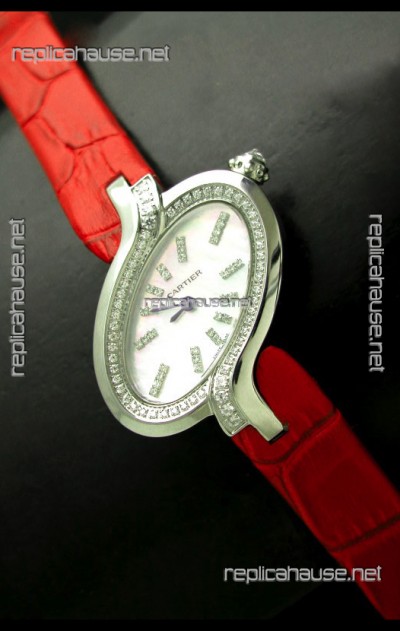 Delices De Cartier Ladies Replica Japanese Watch in Red Leather Strap