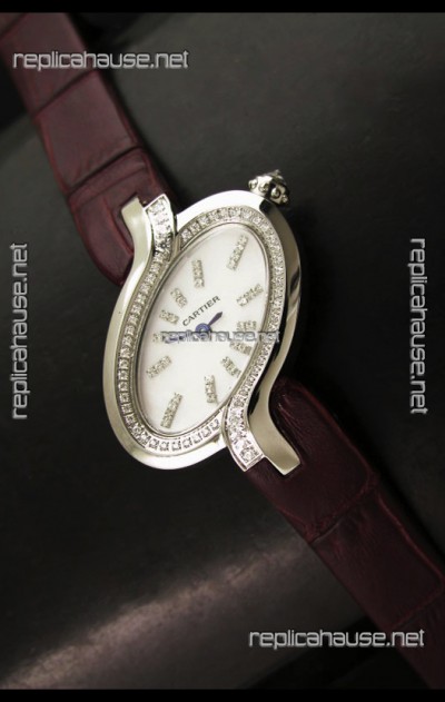 Delices De Cartier Ladies Replica Japanese Watch in Brown Leather Strap