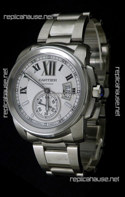Cartier Calibre de Japanese Replica Steel Watch in White Dial