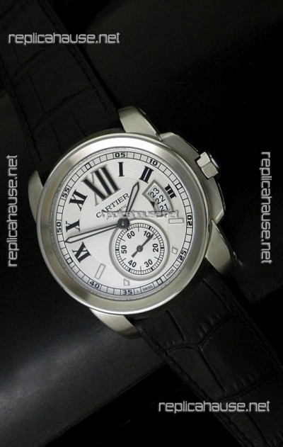Cartier Calibre de Japanese Replica Steel Watch in Black Leather Strap