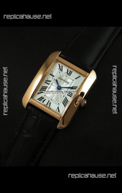 Cartier Louis Japanese Replica Ladies Rose Gold Watch in Black Strap