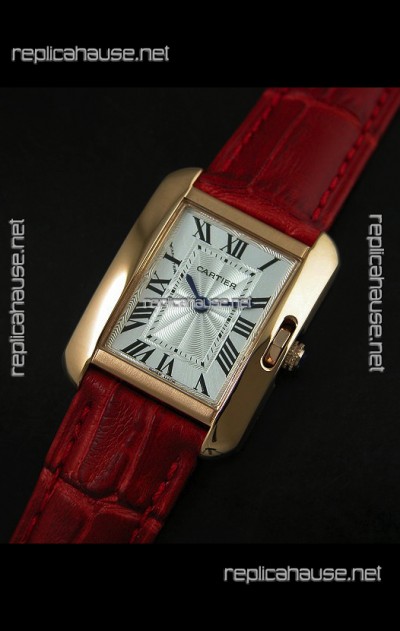 Cartier Louis Japanese Replica Ladies Rose Gold Watch in Red Strap