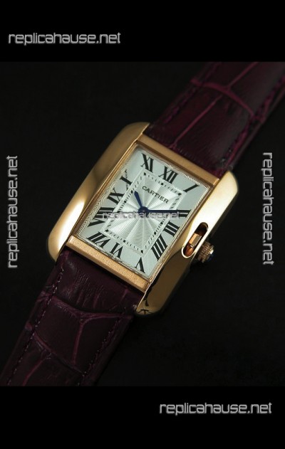 Cartier Louis Japanese Replica Ladies Rose Gold Watch in Red Wine Strap