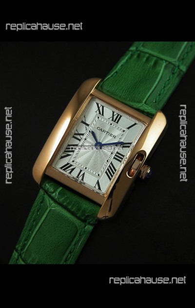 Cartier Louis Japanese Replica Ladies Rose Gold Watch in Green Strap