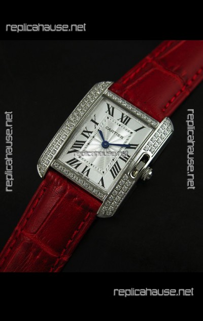 Cartier Louis Japanese Replica Ladies Diamond Watch in Red Strap