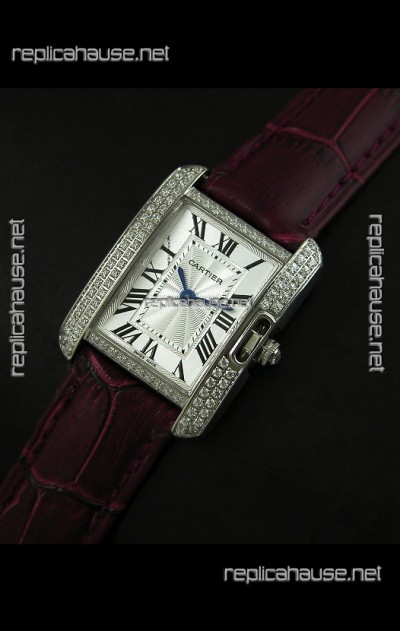 Cartier Louis Japanese Replica Ladies Diamond Watch in Brown Strap