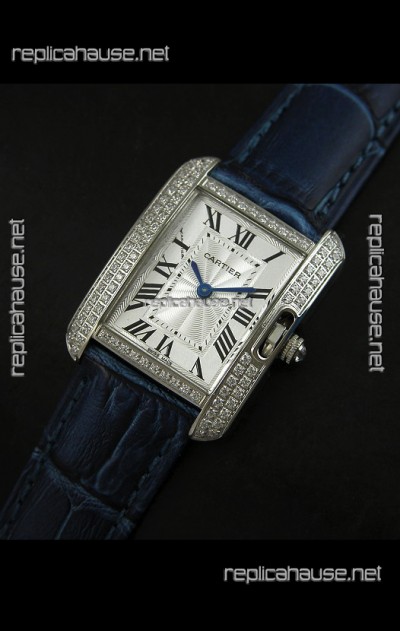 Cartier Louis Japanese Replica Ladies Diamond Watch in Blue Strap