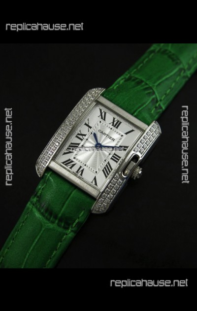 Cartier Louis Japanese Replica Ladies Diamond Watch in Green Strap