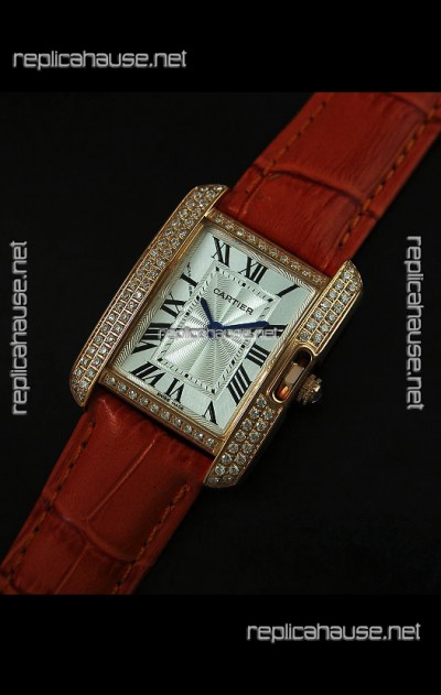 Cartier Louis Japanese Replica Ladies Rose Gold Diamond Watch in Orange Strap