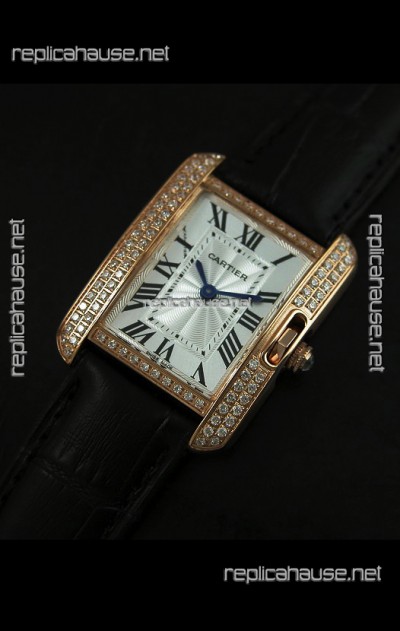 Cartier Louis Japanese Replica Ladies Rose Gold Diamond Watch in Black Strap