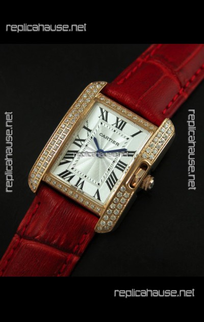 Cartier Louis Japanese Replica Ladies Rose Gold Diamond Watch in Red Strap