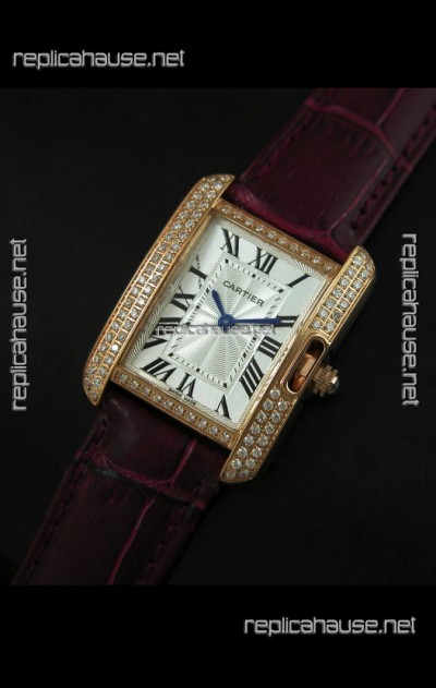 Cartier Louis Japanese Replica Ladies Rose Gold Diamond Watch in Purple Strap