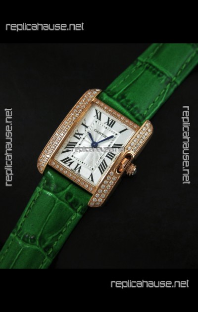 Cartier Louis Japanese Replica Ladies Rose Gold Diamond Watch in Green Strap