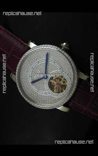 Cartier Ronde de Tourbillon Japanese Replica Diamond Watch in Purple Strap