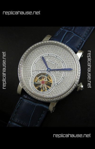 Cartier Ronde de Tourbillon Japanese Replica Diamond Watch in Blue Strap