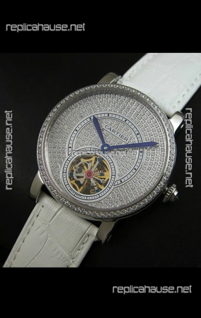 Cartier Ronde de Tourbillon Japanese Replica Diamond Watch in White Strap