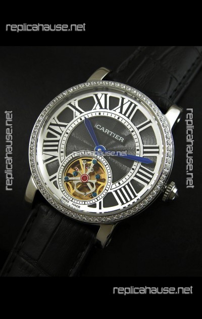 Cartier Ronde de Tourbillon Japanese Replica Diamond Watch in Black Dial