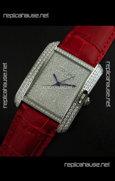 Cartier Tank Anglaise Ladies Replica Watch in Steel/Red Strap