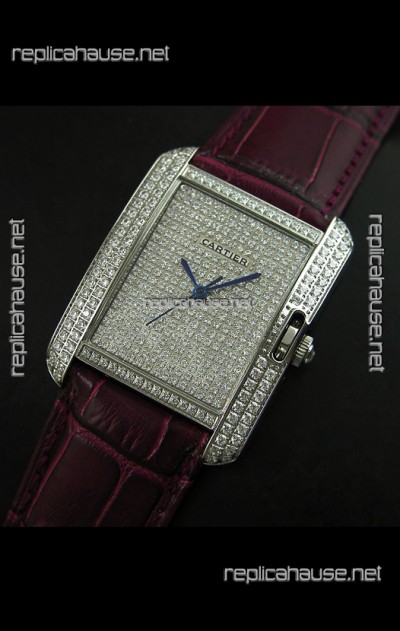 Cartier Tank Anglaise Ladies Replica Watch in Steel/Maroon Strap