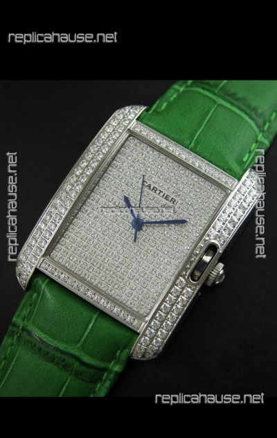 Cartier Tank Anglaise Ladies Replica Watch in Steel/Green Strap