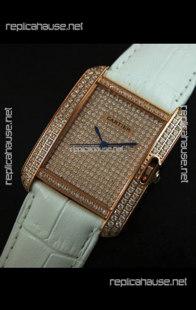 Cartier Tank Anglaise Ladies Replica Watch in Gold Case/White Strap